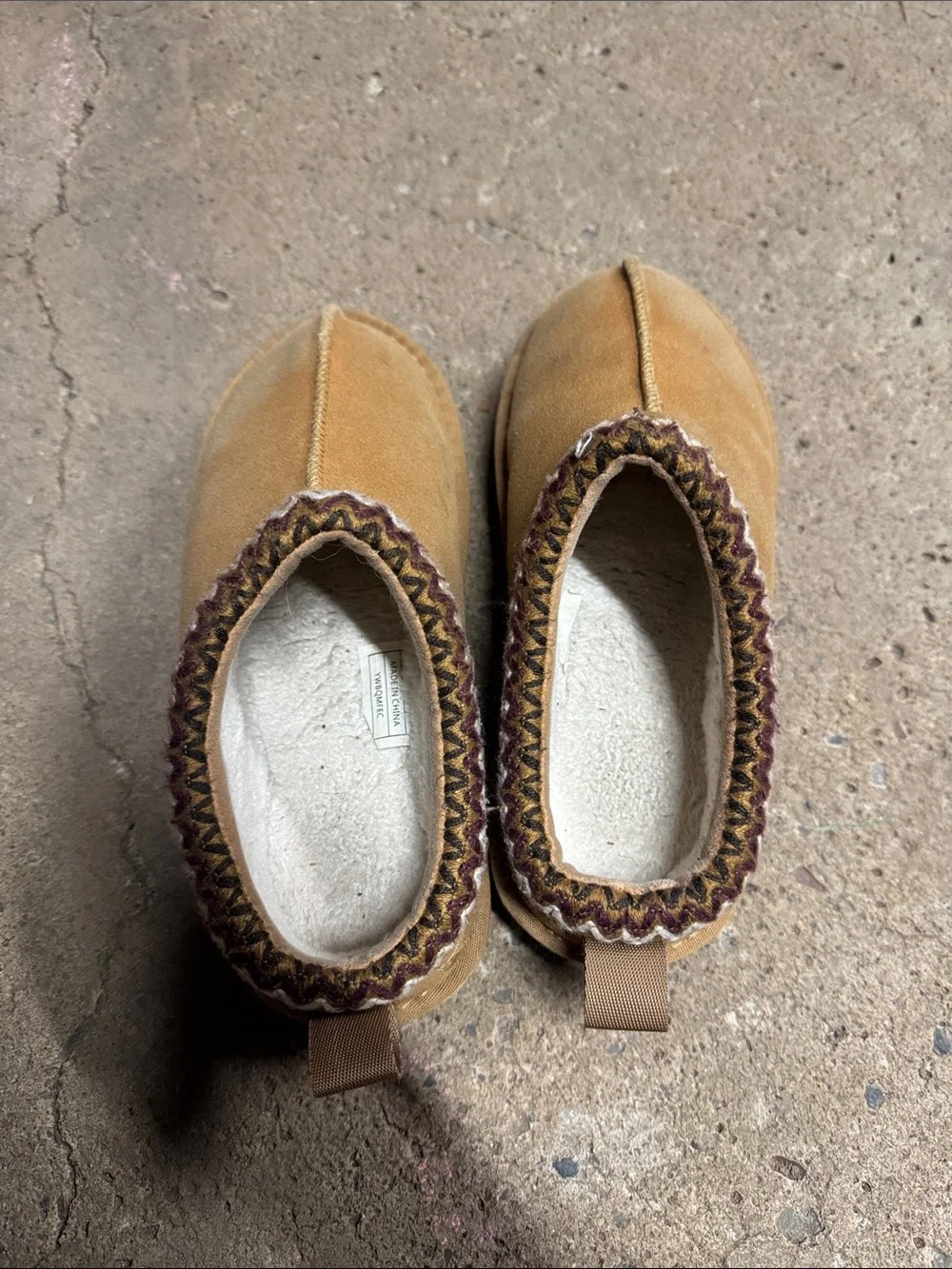 Kids Tan Suede Slip-On Shoes with Knit Trim